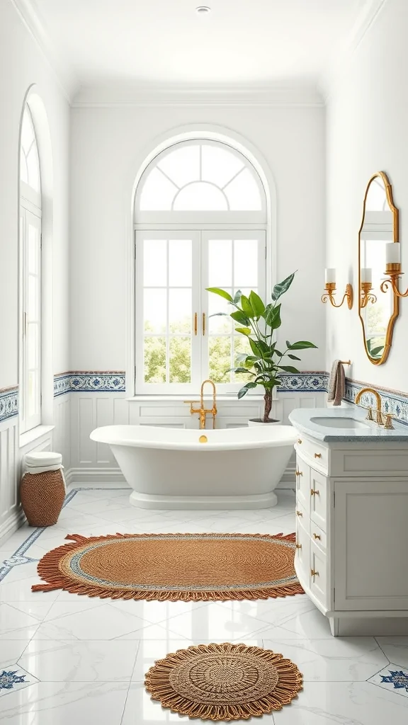 Mediterranean bathroom featuring a white color scheme, freestanding bathtub, greenery, and decorative rugs.