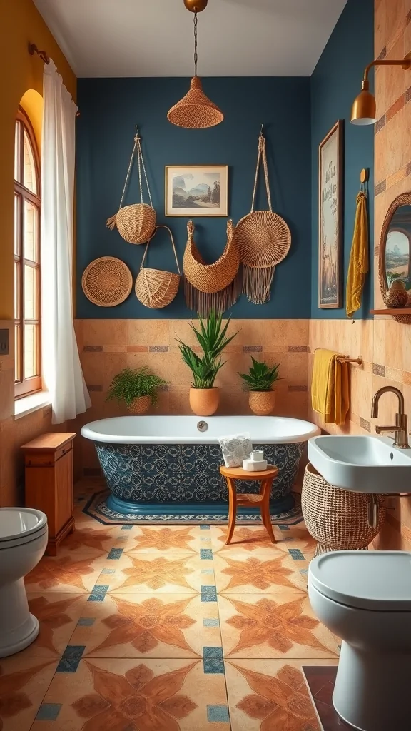 A cozy Mediterranean Boho Chic bathroom featuring a blue wall, patterned floor tiles, a freestanding tub, and natural decor elements.