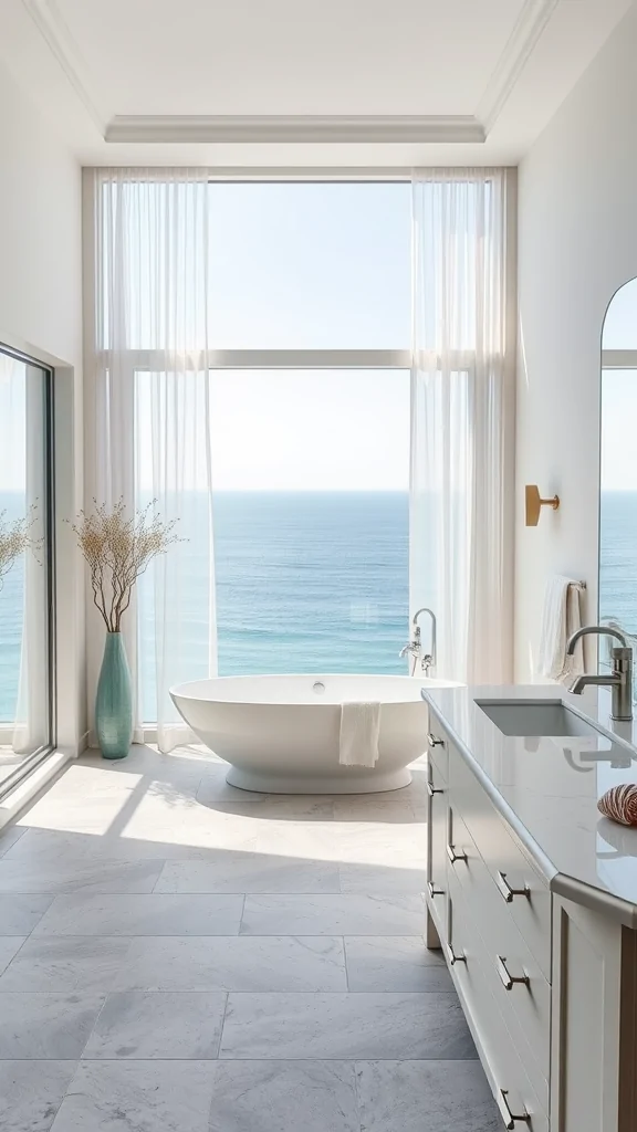 A modern Mediterranean bathroom with a freestanding bathtub and large windows showcasing ocean views.