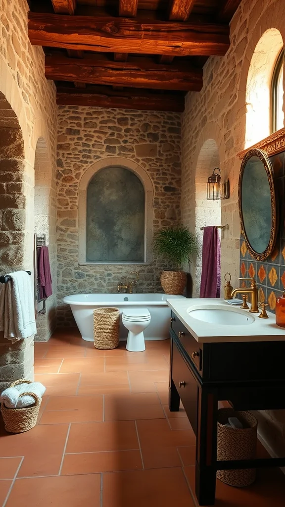 A warm Mediterranean bathroom featuring earthy stone walls, a freestanding bathtub, wooden beams, and terracotta floor tiles.