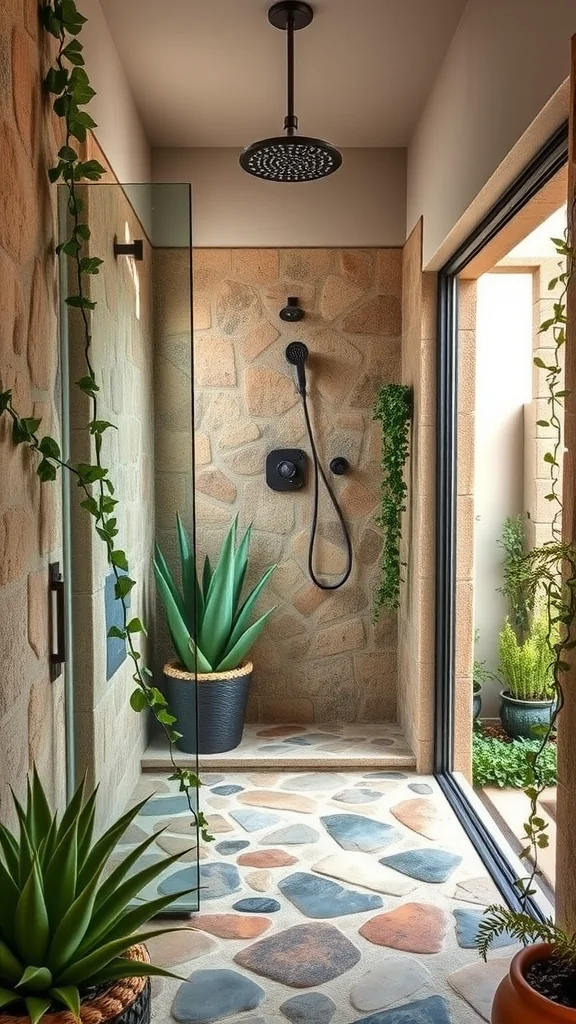 Mediterranean indoor-outdoor shower with stone wall and wooden ceiling