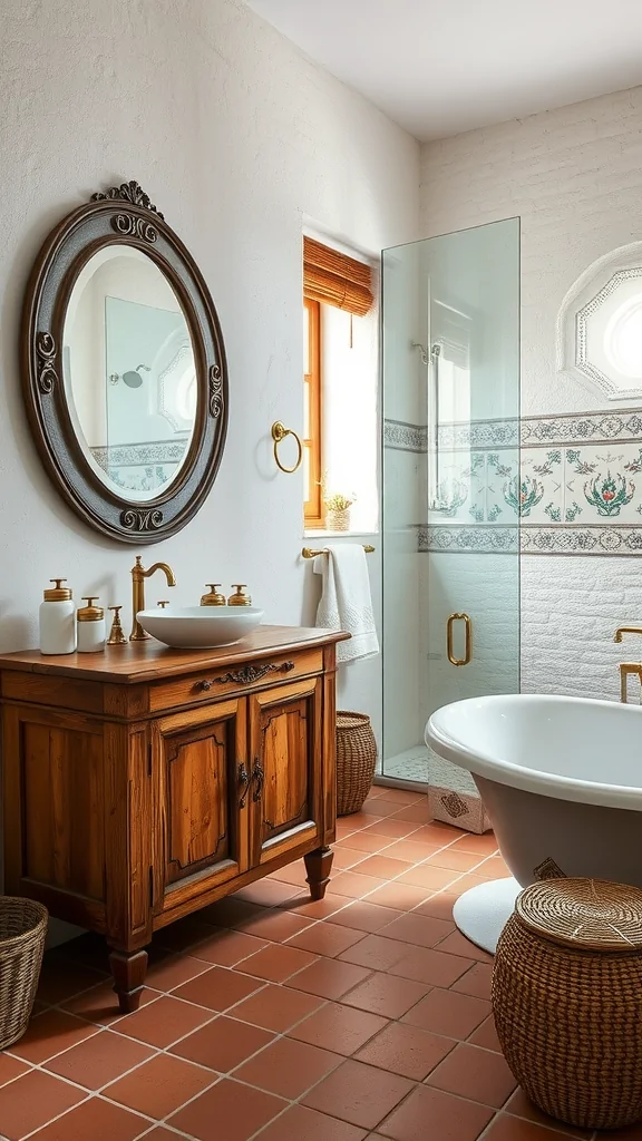 A Mediterranean bathroom featuring whitewashed walls, terracotta tile flooring, a vintage wooden vanity, modern fixtures, and decorative tiles.