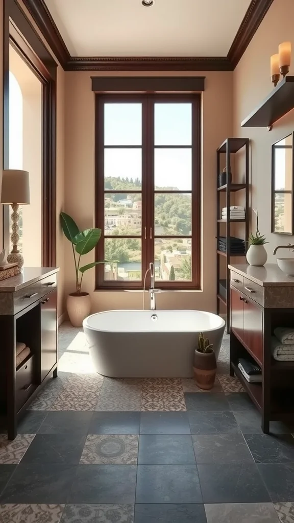 Luxurious Mediterranean bathroom with dark wood accents, large windows, and stylish features