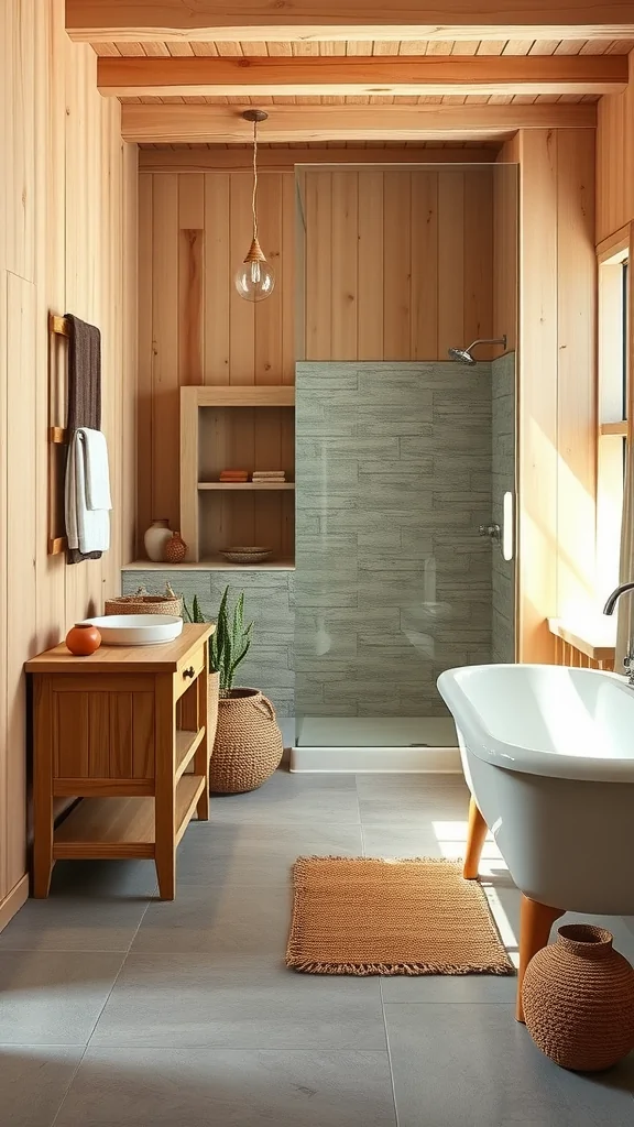 A bathroom featuring wooden walls, a modern shower area, a wooden vanity, and natural decor elements.