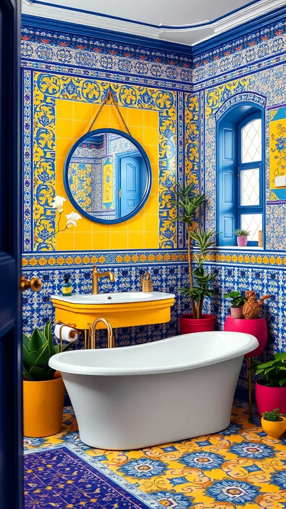 A vibrant Mediterranean bathroom design featuring blue and yellow tiles, a round mirror, potted plants, and a freestanding bathtub.