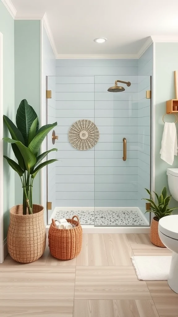 A stylish coastal bathroom featuring a walk-in shower, blue shiplap walls, and plants in woven baskets.