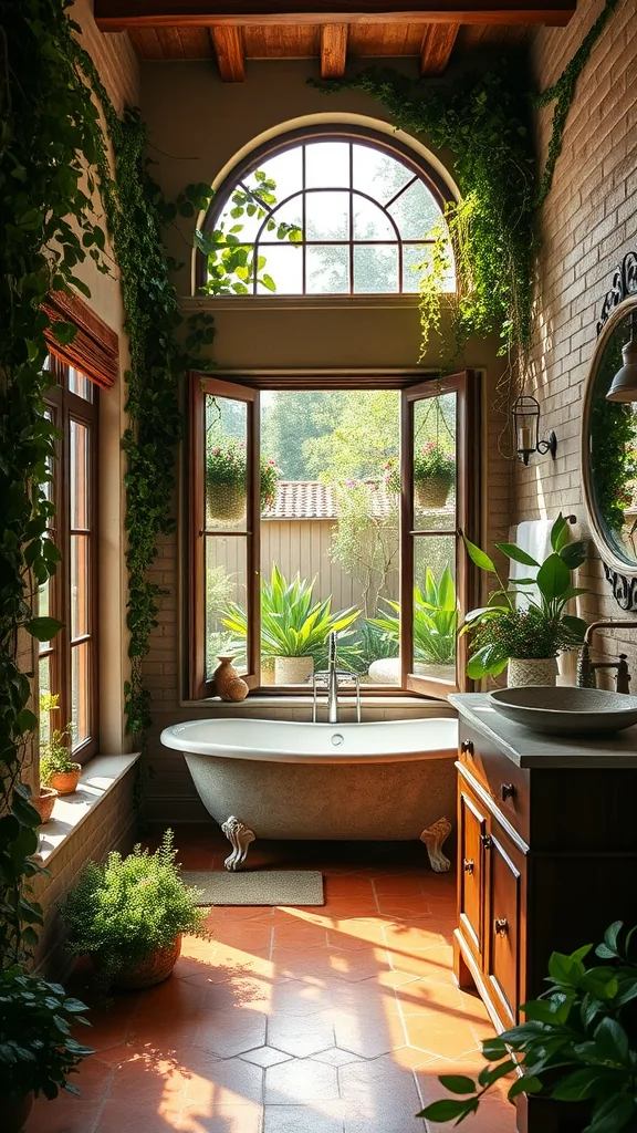 A Mediterranean-style bathroom with a freestanding tub, large windows, and plants.