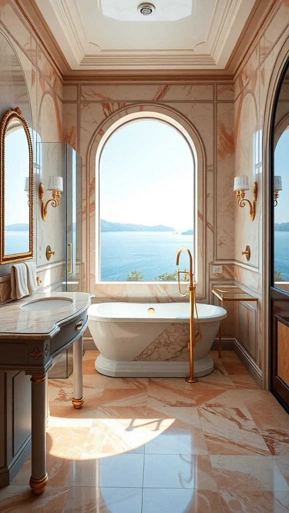 A luxurious Mediterranean bathroom featuring marble walls, gold fixtures, a freestanding bathtub, and a stunning sea view through an arched window.