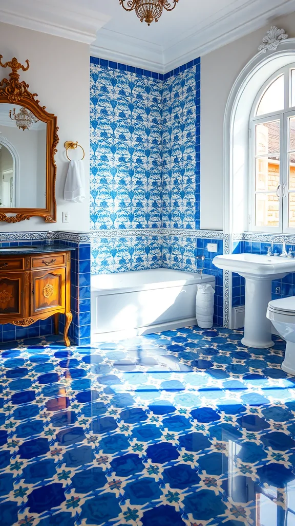 Mediterranean bathroom design with blue tile accents and wooden furniture