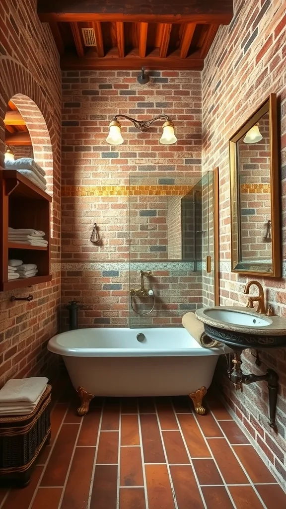 Interior of a rustic Mediterranean bathroom featuring exposed brick walls, a clawfoot tub, and warm wooden accents.