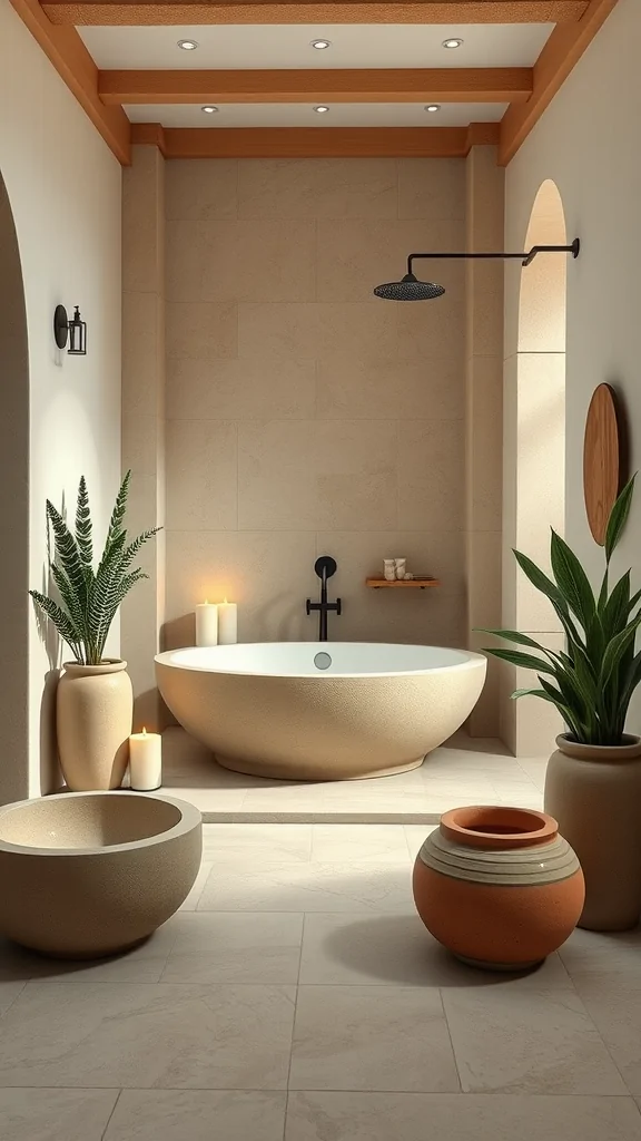 A serene Mediterranean bathroom design featuring a freestanding tub, plants, and warm lighting.