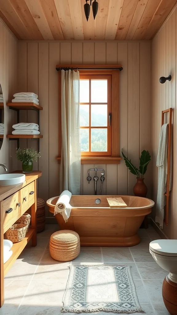 A Mediterranean bathroom featuring wooden accents, a freestanding wooden bathtub, and natural light streaming through a large window.