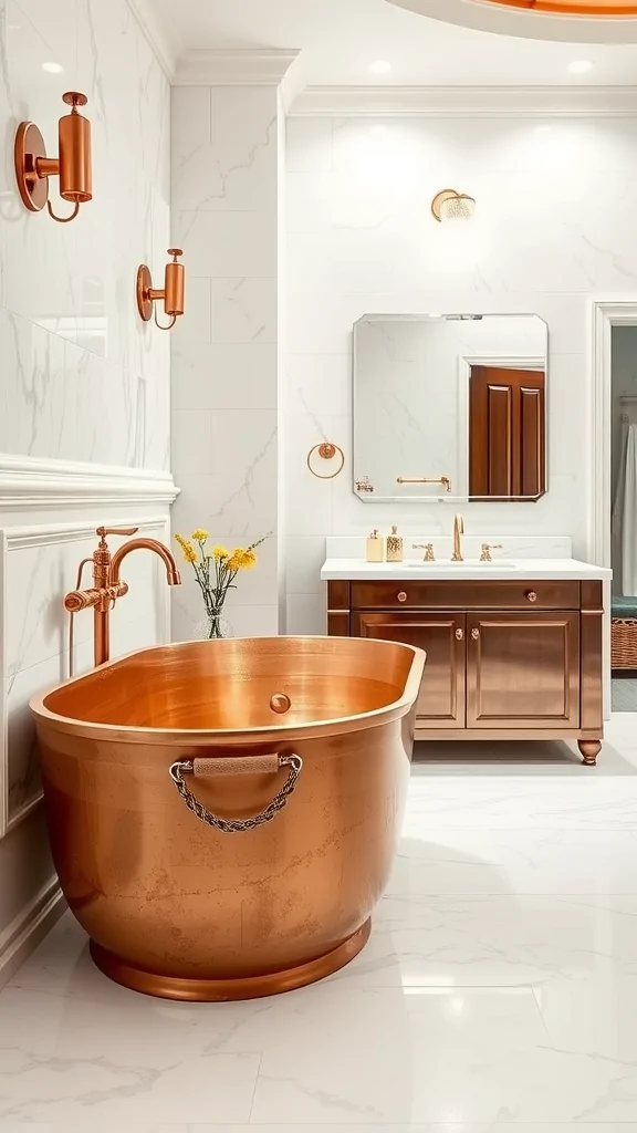 A Mediterranean bathroom featuring a copper bathtub, marble walls, and stylish copper fixtures.