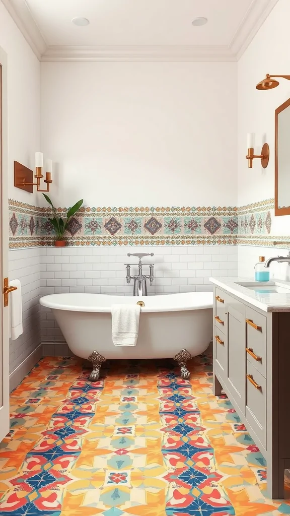 Mediterranean bathroom with geometric tile patterns and a freestanding tub.