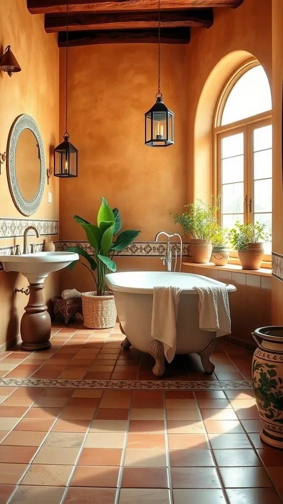 A sunlit Mediterranean spa bathroom featuring terracotta tiles, a freestanding bathtub, and potted plants.