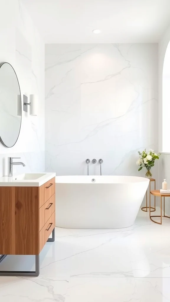 A serene Mediterranean bathroom featuring white marble walls, a freestanding bathtub, and a wooden vanity.