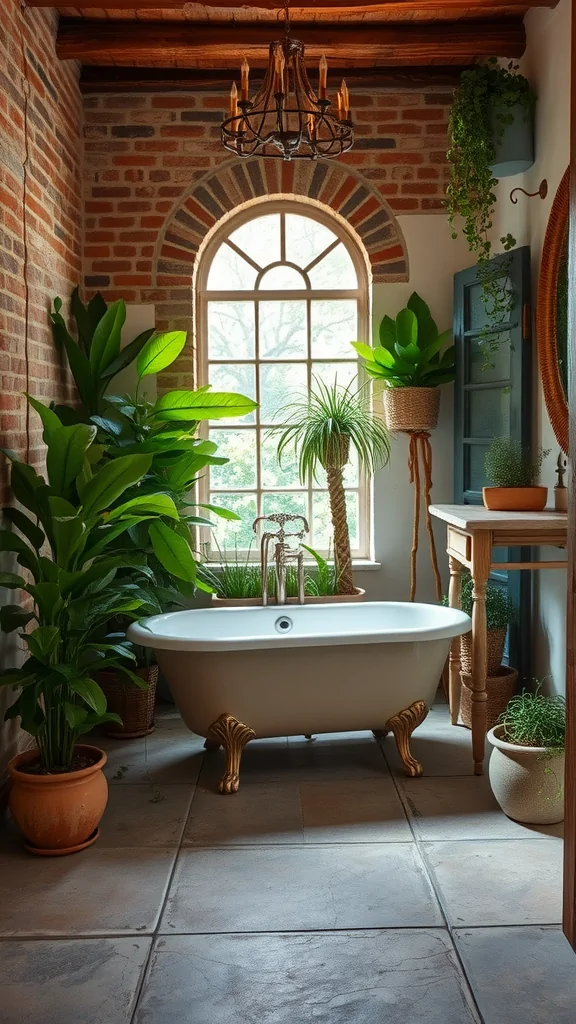 A Mediterranean bathroom featuring a freestanding bathtub, exposed brick walls, and greenery.