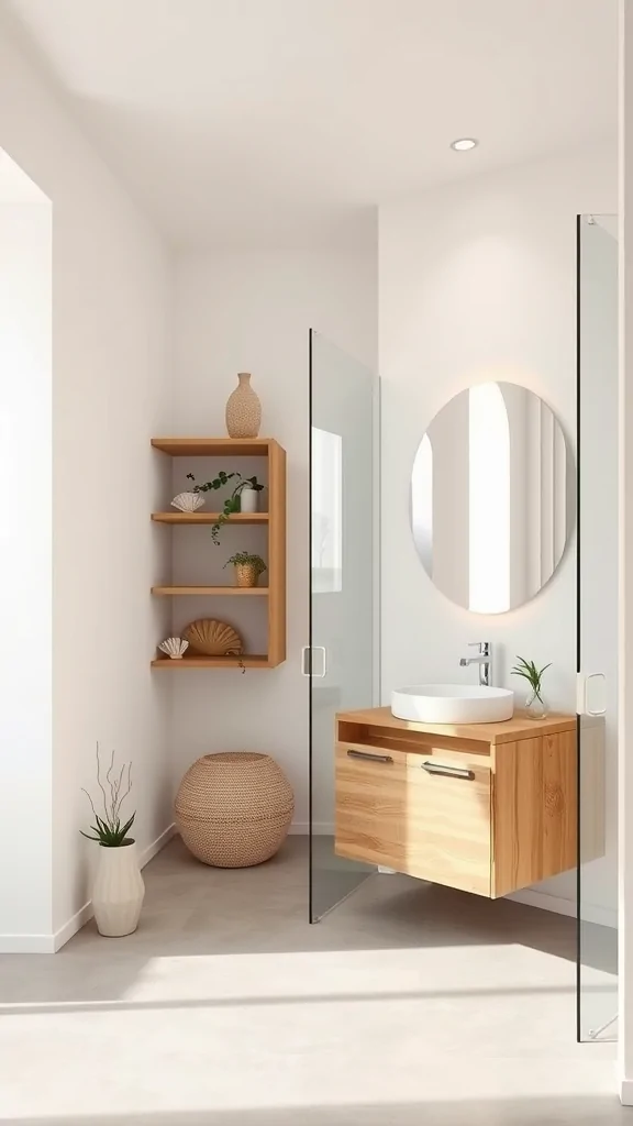 A minimalist Mediterranean bathroom featuring a wooden vanity, glass shower enclosure, and simple decor.