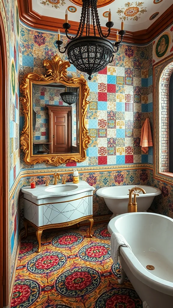 Traditional Mediterranean bathroom featuring colorful tile mosaics, ornate mirror, chandelier, and stylish fixtures.