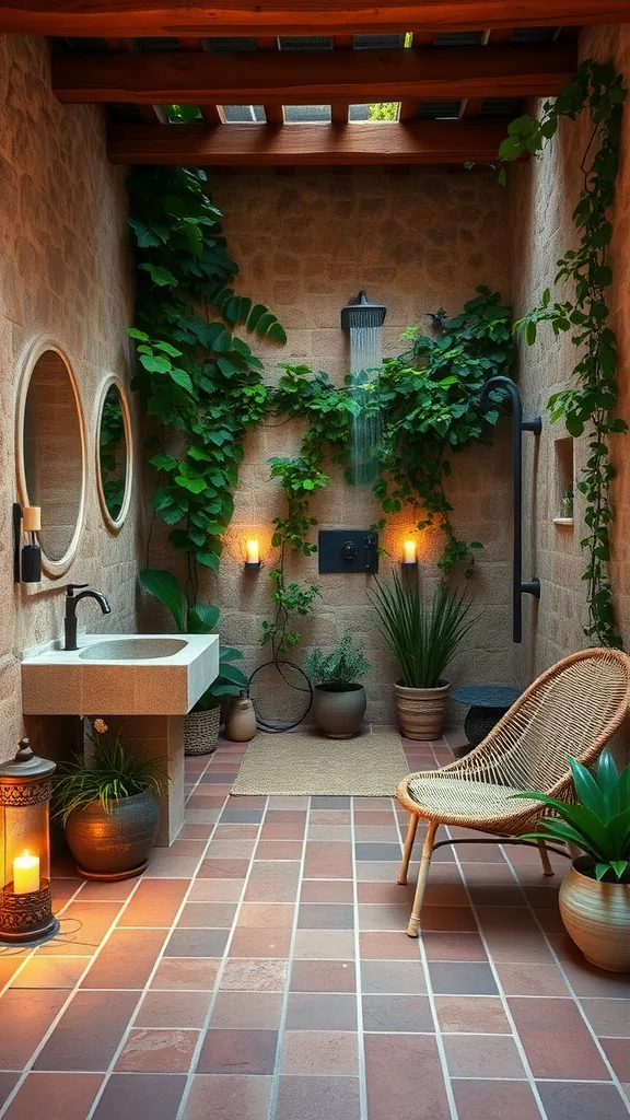 A cozy Mediterranean outdoor bathroom featuring stone walls, lush greenery, stylish fixtures, and warm lighting.