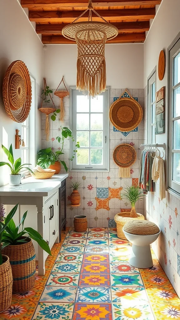 Bright and colorful Bohemian Mediterranean bathroom with patterned tiles and natural decor.