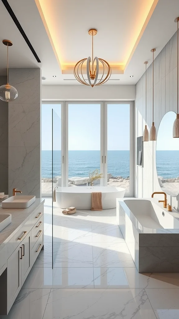 Modern Mediterranean luxury bathroom with ocean view, marble flooring, and elegant fixtures.