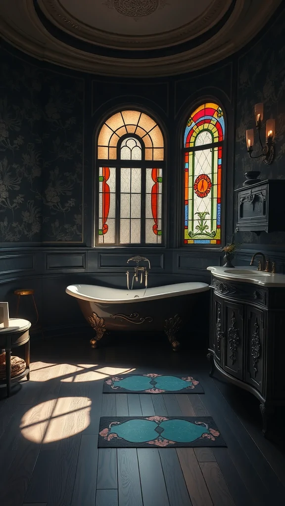 A dark Art Nouveau styled bathroom featuring a clawfoot tub, stained glass windows, and elegant decor.