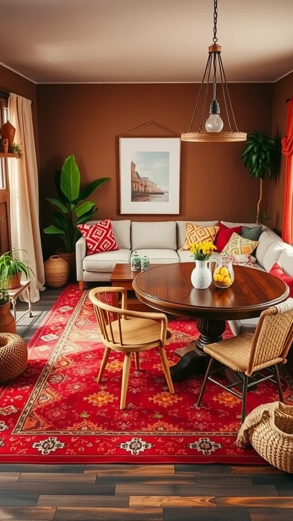 A cozy living room and dining area with boho chic decor, featuring a round wooden table, colorful cushions, and a vibrant red rug.