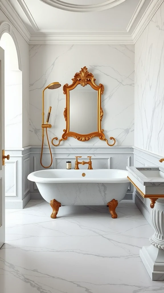 A luxurious classic Italian marble bathroom showcasing a freestanding tub with golden feet, ornate mirror, and elegant marble walls.