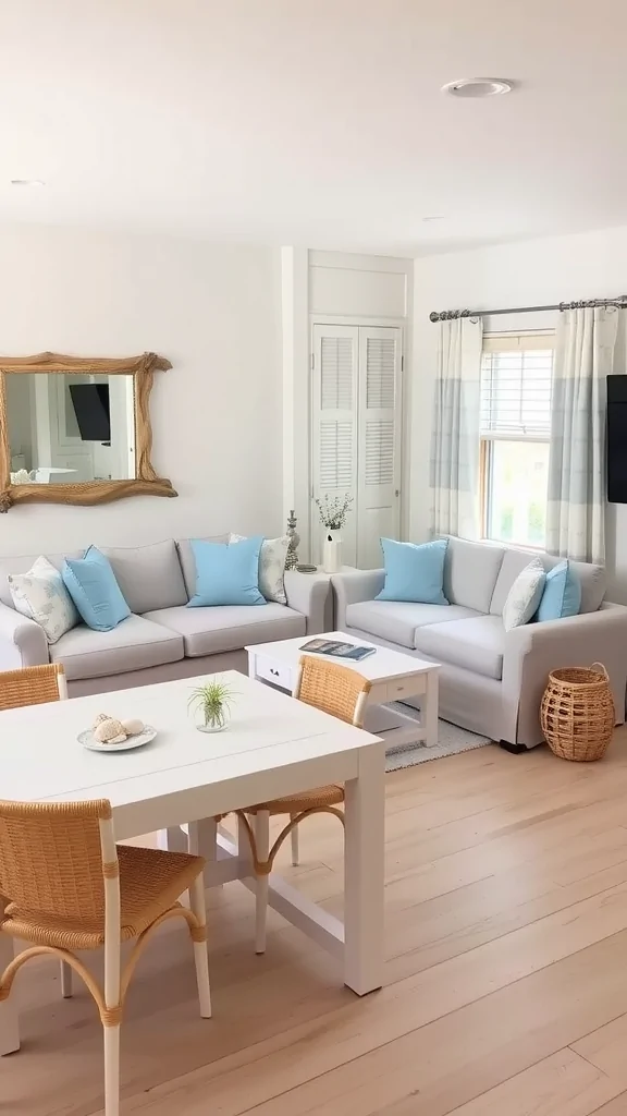 Small living room and dining room combo with coastal decor, featuring light colors and natural textures.