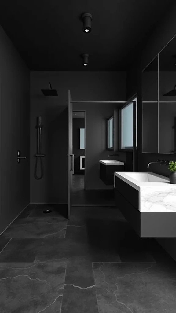 A modern bathroom featuring black walls, black fixtures, and a white marble sink.