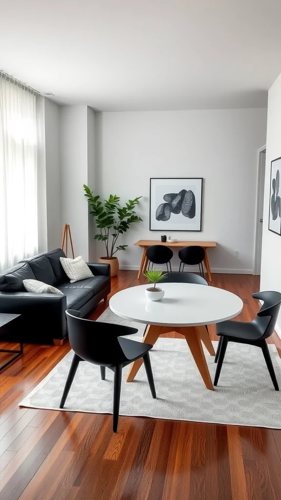 Small living room and dining room combo with monochrome decor and greenery.