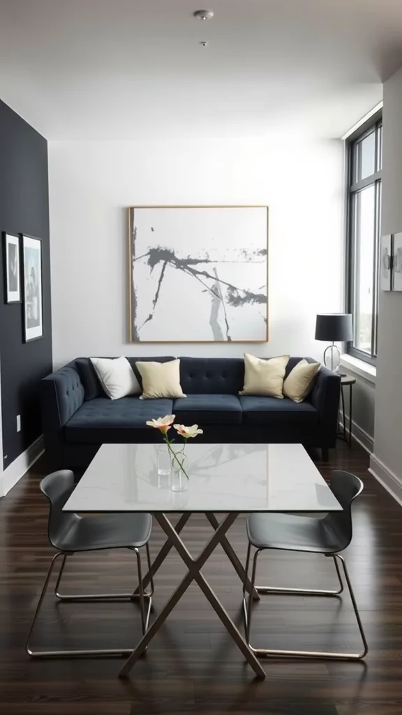 Small living room and dining room combo with dark walls, modern sofa, and glass dining table.