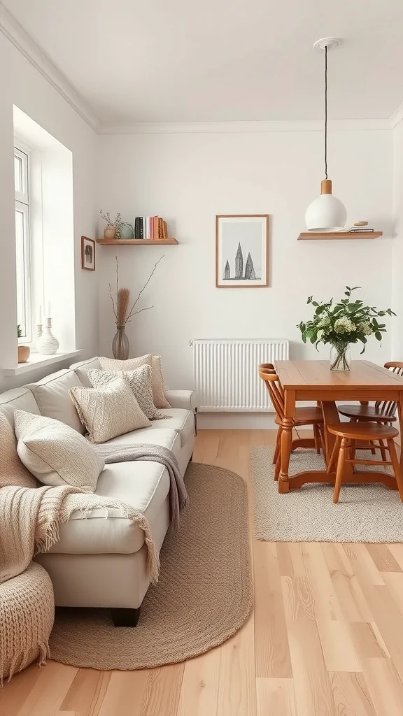 Cozy Scandinavian living room and dining area with neutral colors and natural elements.