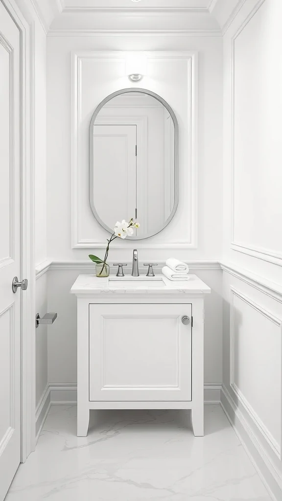 Crisp white half bathroom with marble countertop and elegant mirror