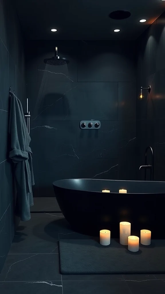 A dark, modern bathroom with a freestanding bathtub surrounded by candles and soft lighting.