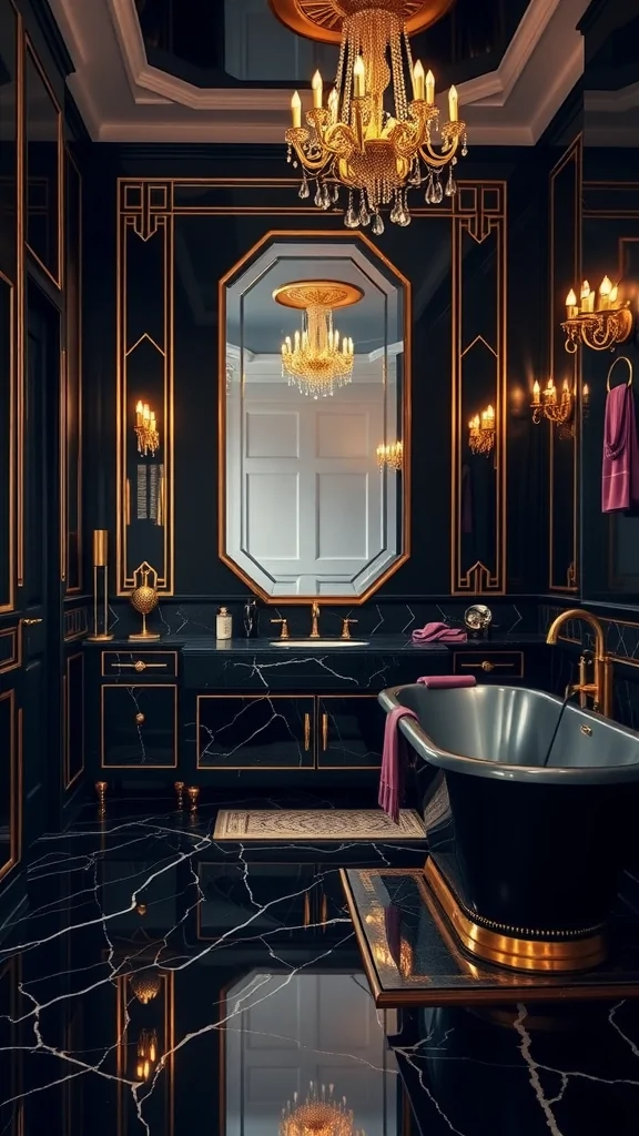 A luxurious dark bathroom with Art Deco design featuring black and gold accents, a chandelier, and a stylish bathtub.