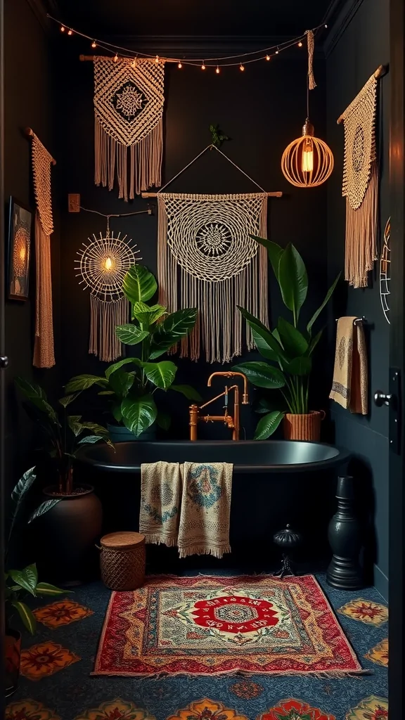 A stylish dark bohemian bathroom featuring macramé wall art, hanging lights, plants, and a black tub.