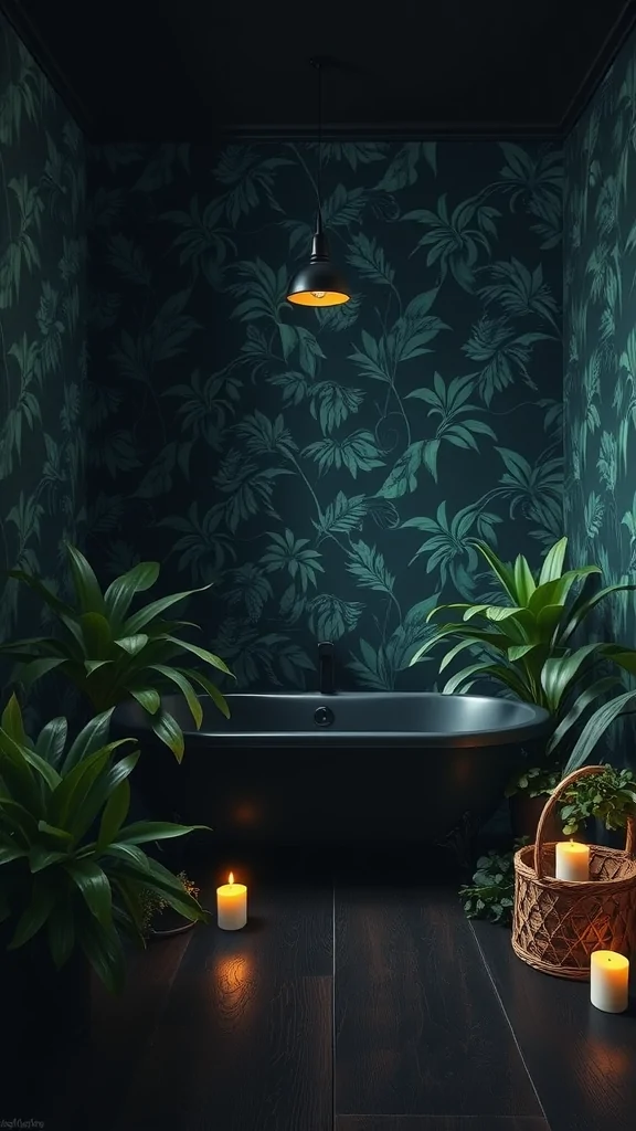 A dark-themed bathroom with botanical wallpaper, a black bathtub, plants, and candles.