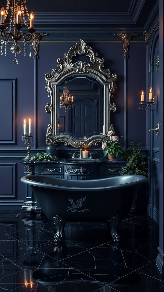 A dark fantasy fairytale bathroom with blue walls, an ornate mirror, a vintage bathtub, and a chandelier.