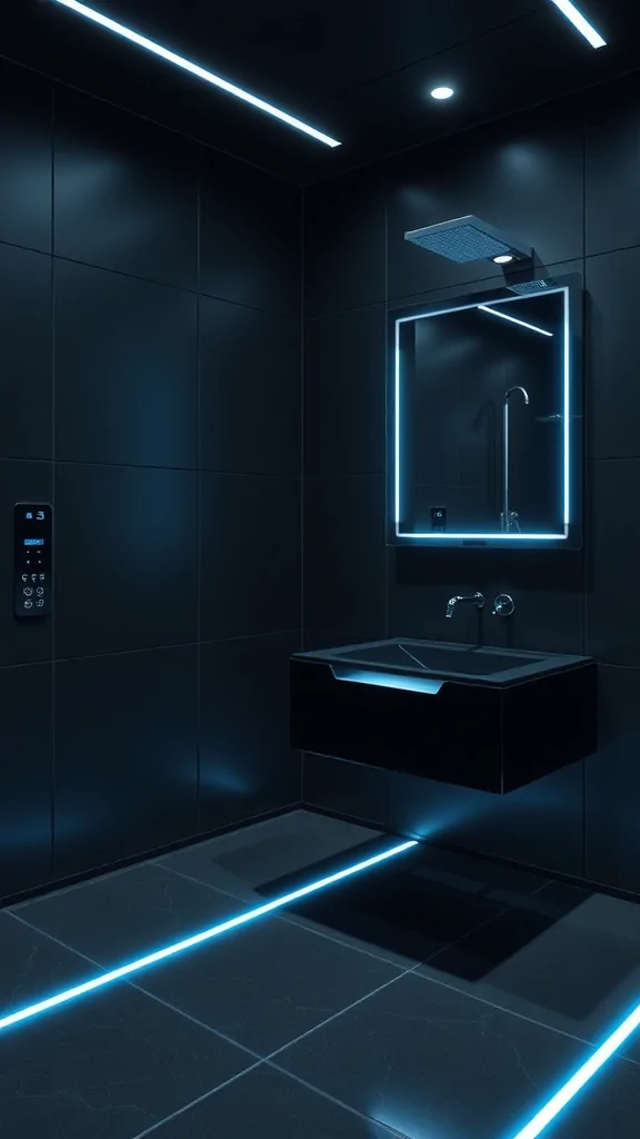 A modern and futuristic dark bathroom featuring black tiles, linear LED lights, and a floating sink.