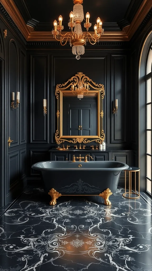 Luxurious dark glam Hollywood bathroom with black walls, gold accents, and ornate decor