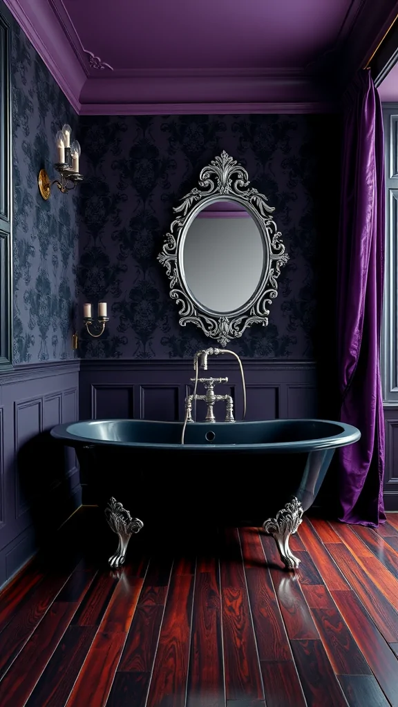 A dark gothic luxe bathroom featuring a black freestanding bathtub, purple walls, and ornate fixtures.
