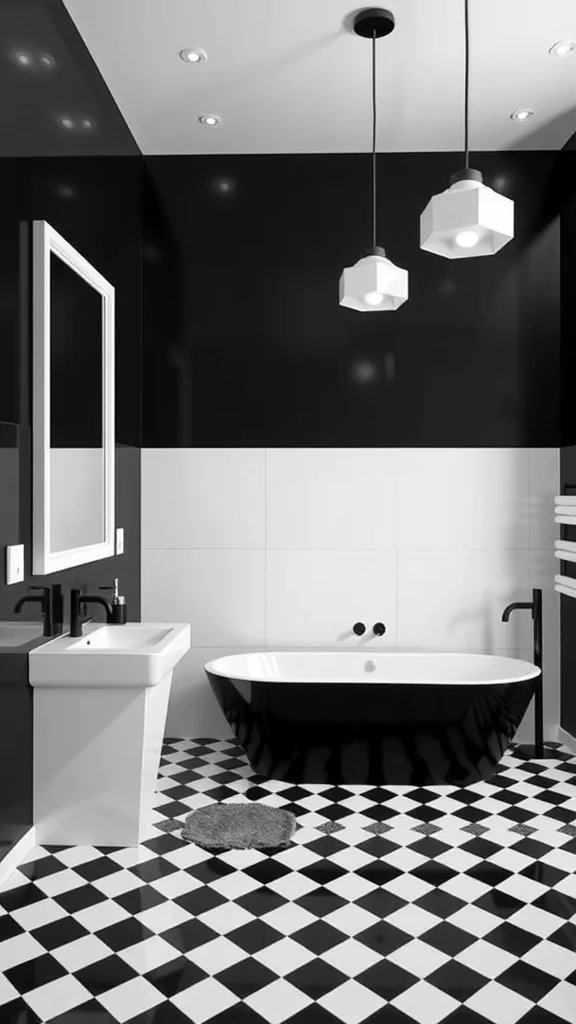 A modern black and white bathroom with a freestanding black bathtub, checkered floor, and sleek fixtures.