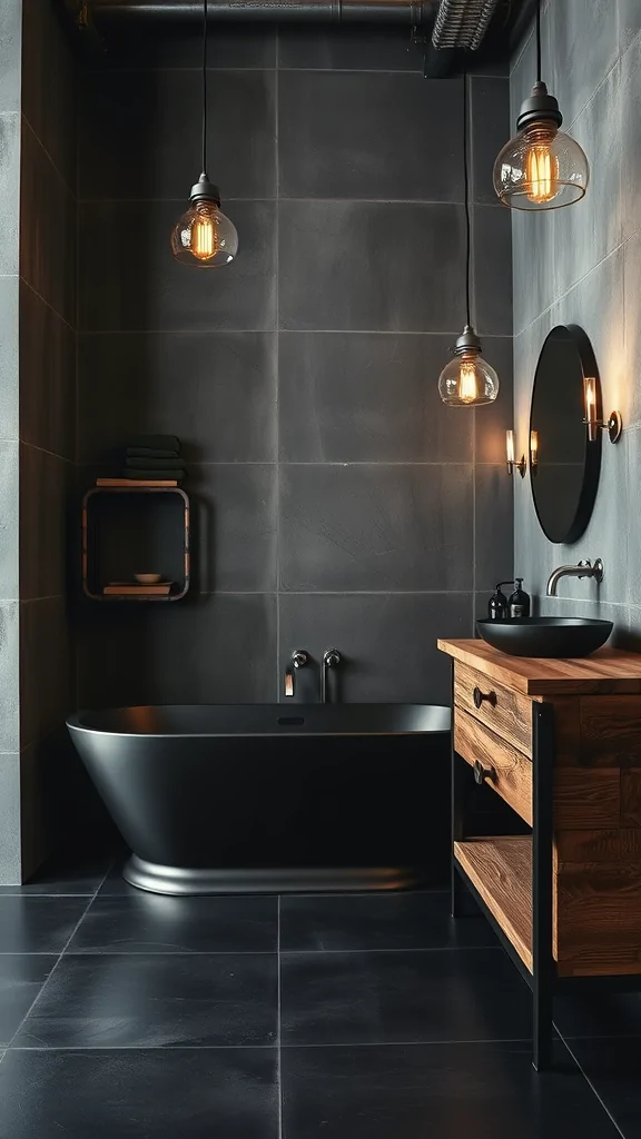 Dark industrial bathroom featuring black tiles, a freestanding tub, warm pendant lighting, and a wooden vanity.
