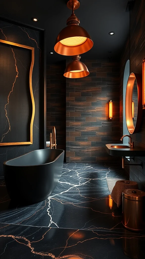A dark luxe bathroom featuring a black freestanding tub, copper fixtures, and marble flooring.