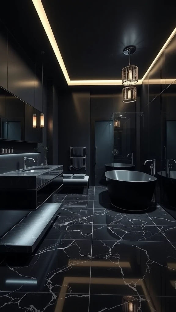 A luxurious penthouse bathroom featuring dark walls, black marble flooring, and elegant lighting.