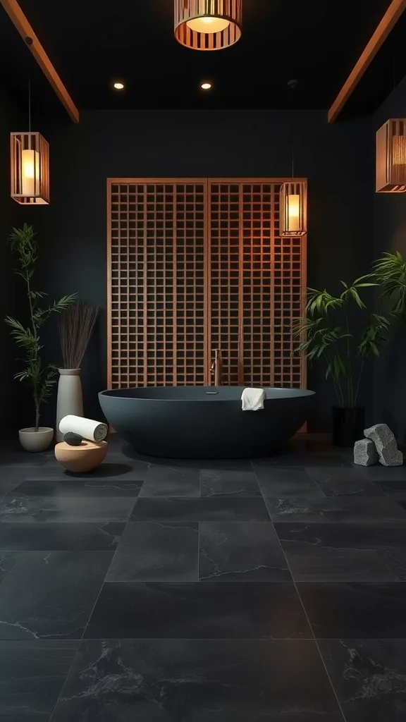 A dark luxurious zen bathroom featuring a round bathtub, wooden accents, and plants