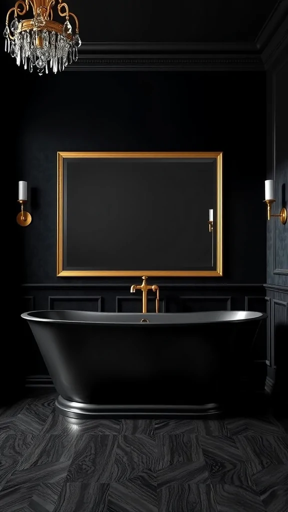 Luxurious black velvet bathroom featuring a black bathtub, gold fixtures, and elegant chandelier