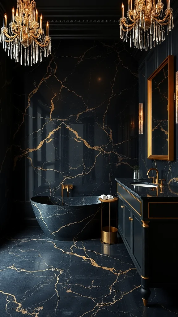 A luxurious dark marble bathroom featuring a freestanding tub, gold accents, and chandeliers.